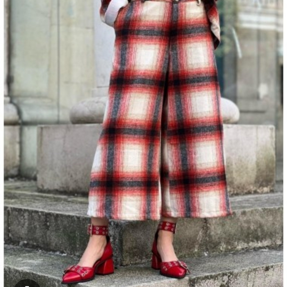 MSGM Milano Wool Trouser Palazoo Wide Leg Pants Plaid Tartan Size 38 XS